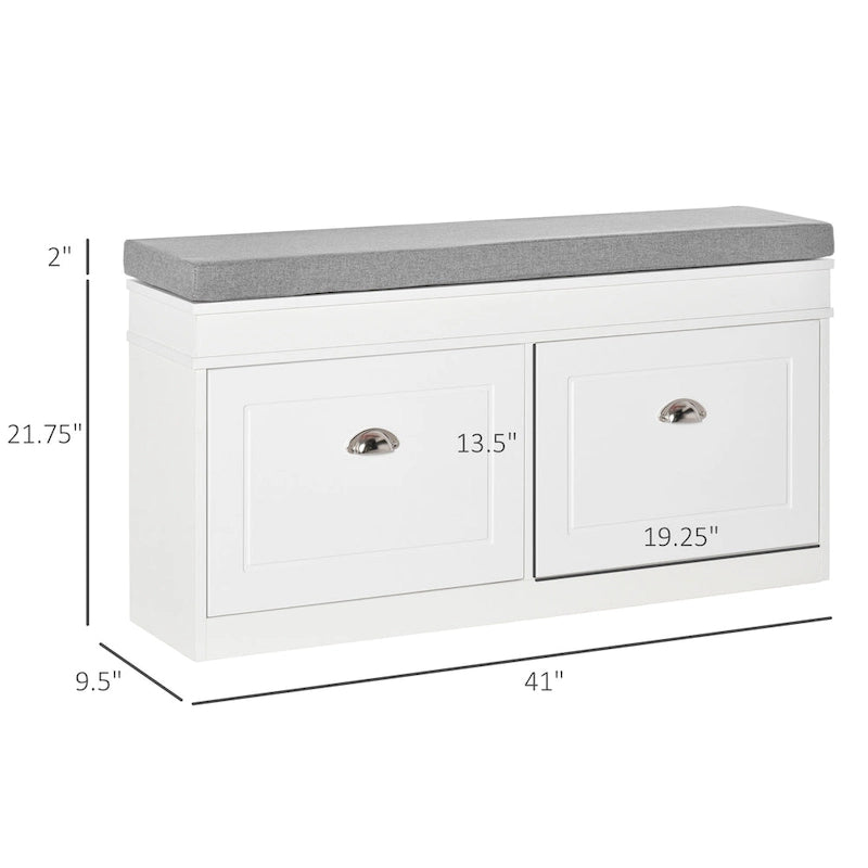 Banc porte-chaussures HOMCOM pour entrée, meuble de rangement avec coussin, 2 tiroirs, étagère réglable, blanc - 41 x 9.5 x 21.75