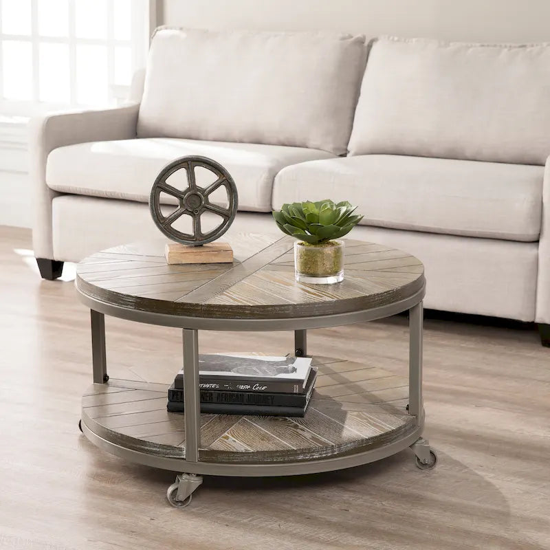 Table basse ronde rustique industrielle SEI Furniture Kenya en bois avec étagère