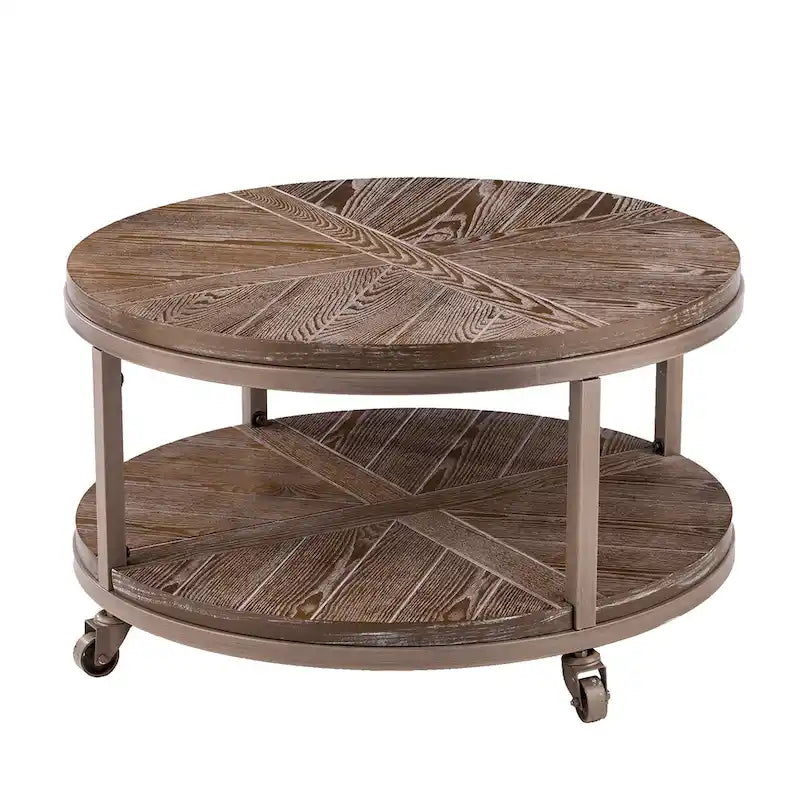 Table basse ronde rustique industrielle SEI Furniture Kenya en bois avec étagère