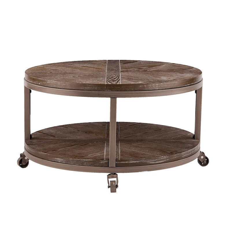 Table basse ronde rustique industrielle SEI Furniture Kenya en bois avec étagère