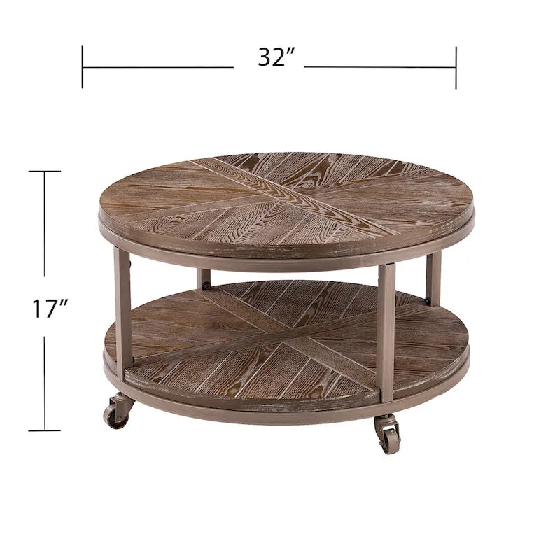 Table basse ronde rustique industrielle SEI Furniture Kenya en bois avec étagère
