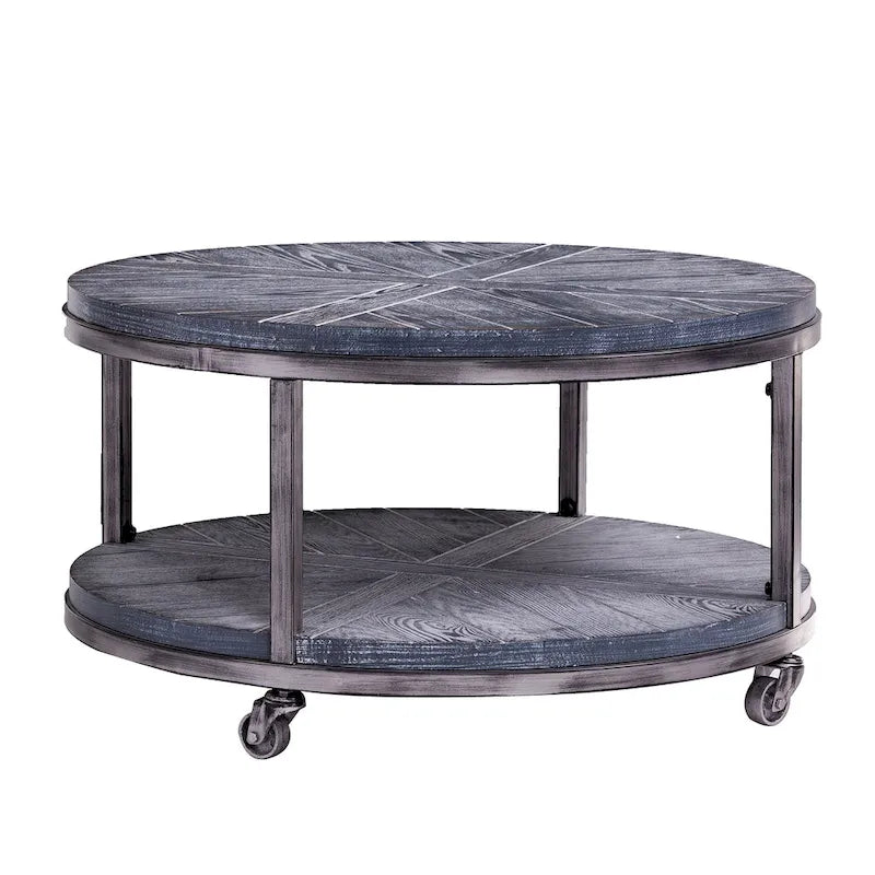 Table basse ronde rustique industrielle SEI Furniture Kenya en bois avec étagère