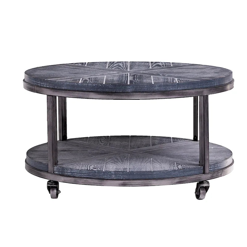 Table basse ronde rustique industrielle SEI Furniture Kenya en bois avec étagère