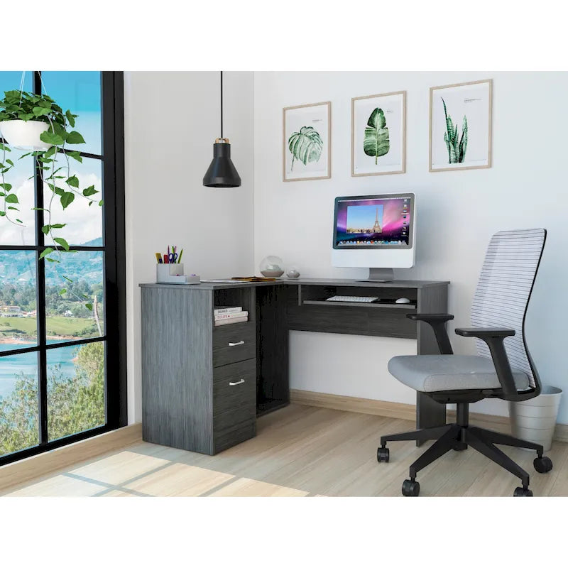 Bureau d'angle en L avec tiroirs, tablette clavier et rangement unité centrale – Marron/Noir/Gris, 1 personne