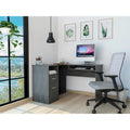 Bureau d'angle en L avec tiroirs, tablette clavier et rangement unité centrale – Marron/Noir/Gris, 1 personne