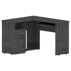 Bureau d'angle en L avec tiroirs, tablette clavier et rangement unité centrale – Marron/Noir/Gris, 1 personne