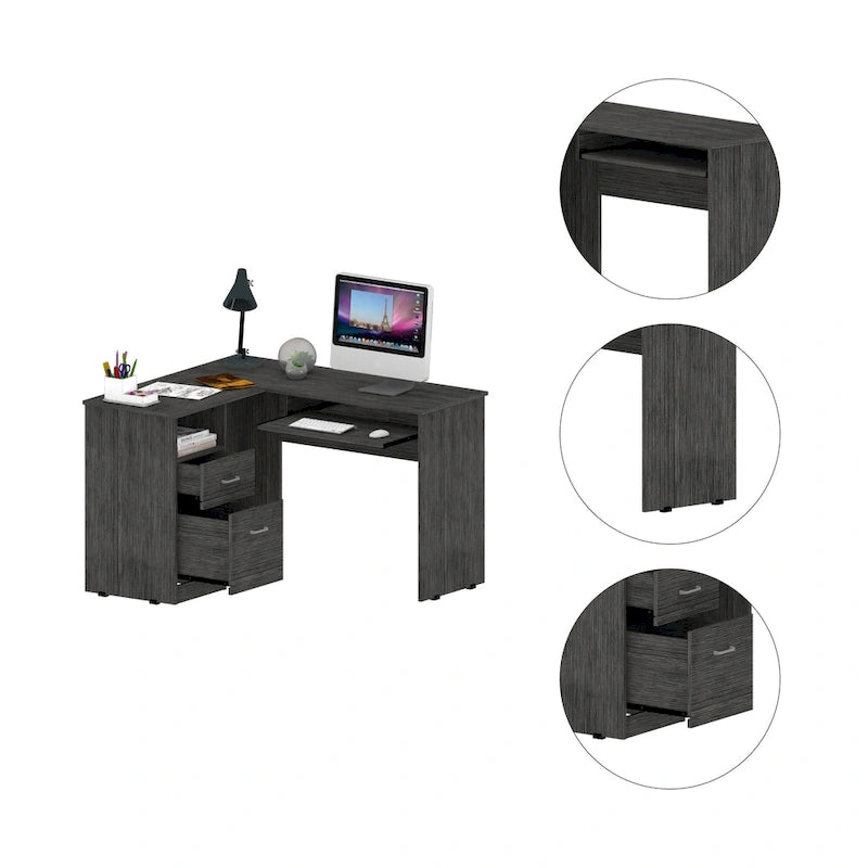 Bureau d'angle en L avec tiroirs, tablette clavier et rangement unité centrale – Marron/Noir/Gris, 1 personne