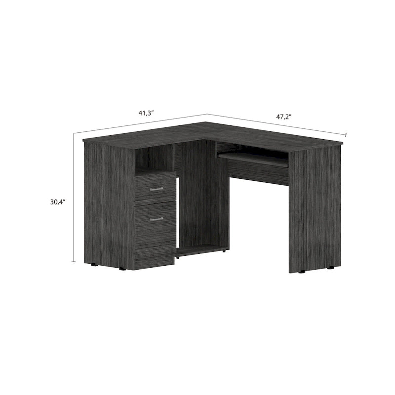 Bureau d'angle en L avec tiroirs, tablette clavier et rangement unité centrale – Marron/Noir/Gris, 1 personne