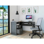 Bureau d'angle en L avec tiroirs, tablette clavier et rangement unité centrale – Marron/Noir/Gris, 1 personne