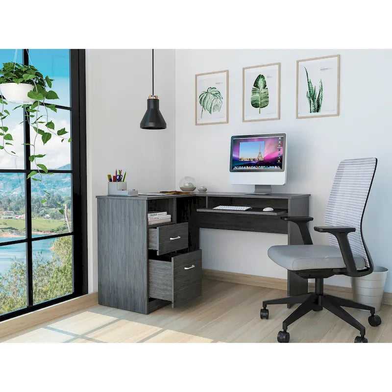 Bureau d'angle en L avec tiroirs, tablette clavier et rangement unité centrale – Marron/Noir/Gris, 1 personne