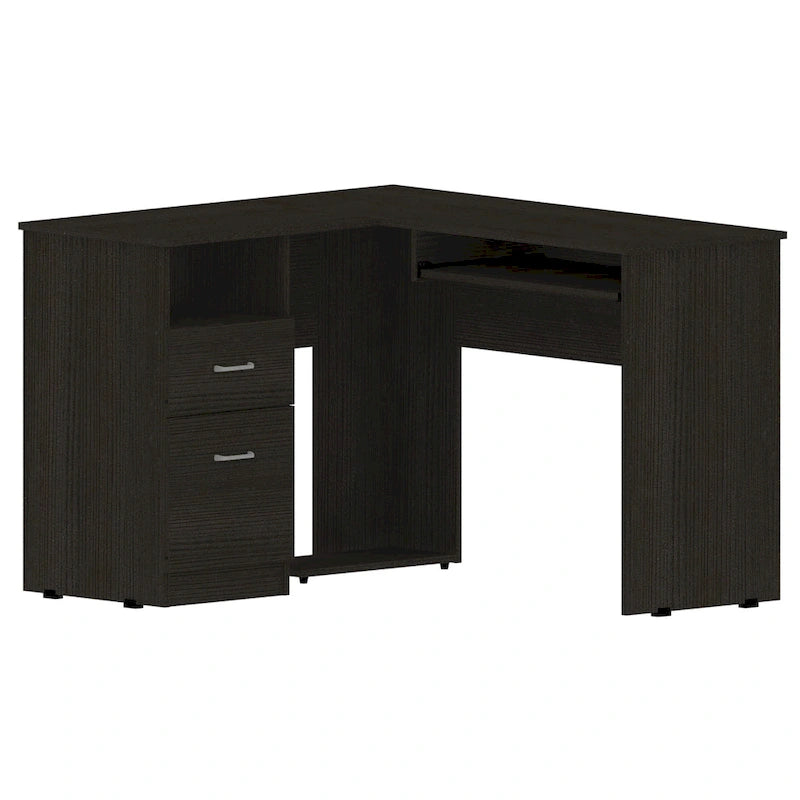 Bureau d'angle en L avec tiroirs, tablette clavier et rangement unité centrale – Marron/Noir/Gris, 1 personne