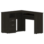 Bureau d'angle en L avec tiroirs, tablette clavier et rangement unité centrale – Marron/Noir/Gris, 1 personne