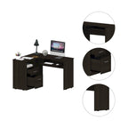 Bureau d'angle en L avec tiroirs, tablette clavier et rangement unité centrale – Marron/Noir/Gris, 1 personne