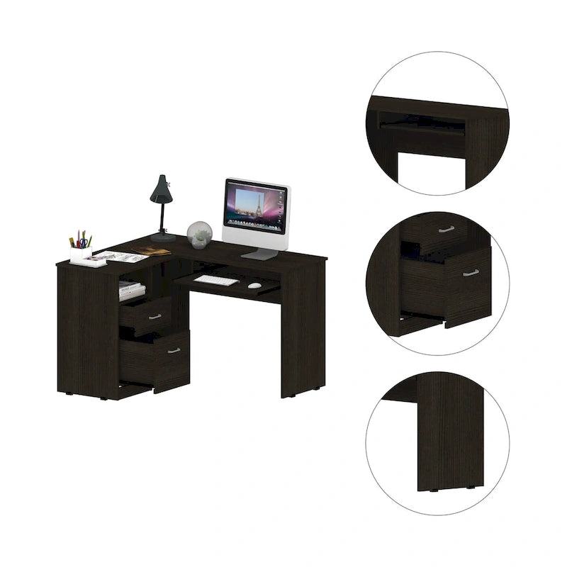 Bureau d'angle en L avec tiroirs, tablette clavier et rangement unité centrale – Marron/Noir/Gris, 1 personne
