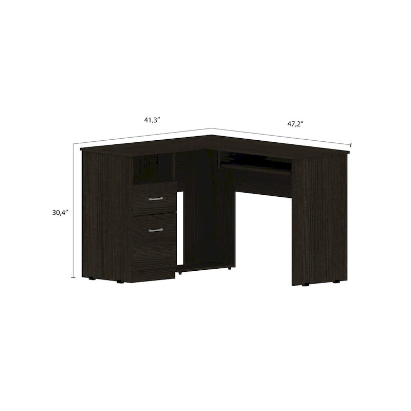 Bureau d'angle en L avec tiroirs, tablette clavier et rangement unité centrale – Marron/Noir/Gris, 1 personne