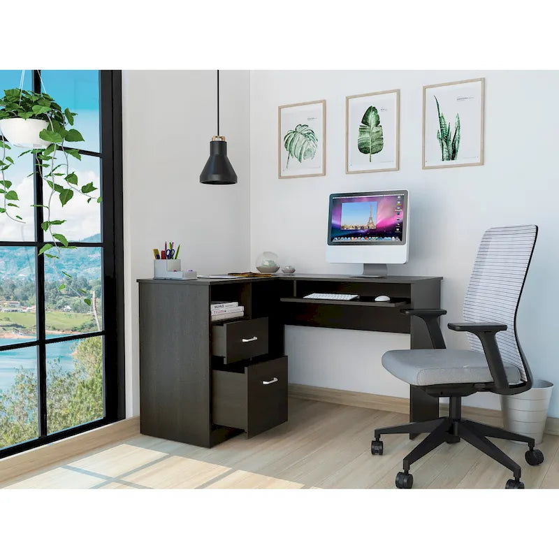 Bureau d'angle en L avec tiroirs, tablette clavier et rangement unité centrale – Marron/Noir/Gris, 1 personne