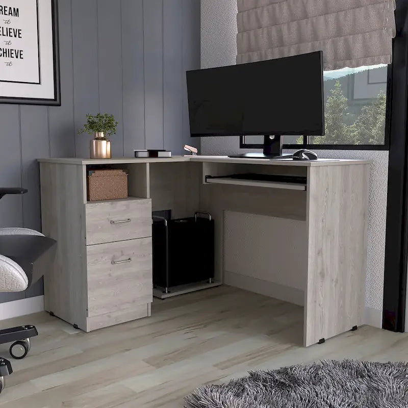 Bureau d'angle en L avec tiroirs, tablette clavier et rangement unité centrale – Marron/Noir/Gris, 1 personne