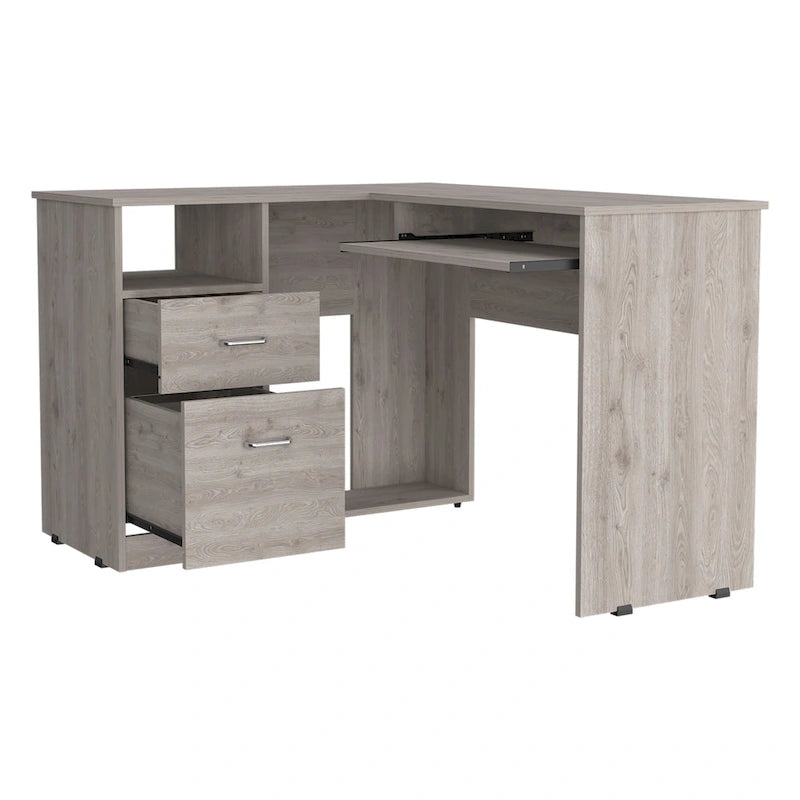 Bureau d'angle en L avec tiroirs, tablette clavier et rangement unité centrale – Marron/Noir/Gris, 1 personne