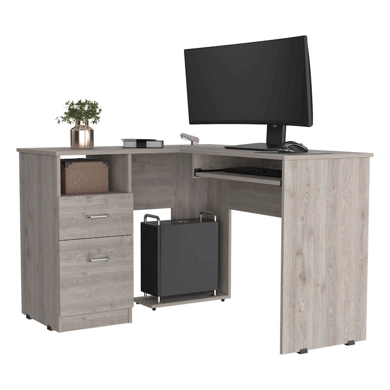Bureau d'angle en L avec tiroirs, tablette clavier et rangement unité centrale – Marron/Noir/Gris, 1 personne