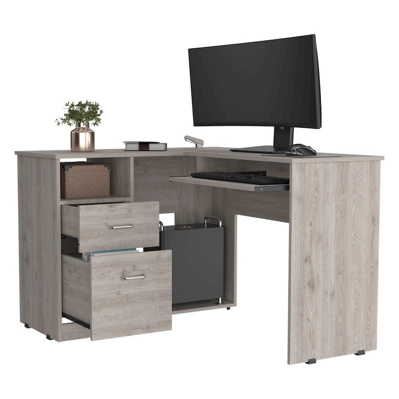 Bureau d'angle en L avec tiroirs, tablette clavier et rangement unité centrale – Marron/Noir/Gris, 1 personne