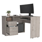 Bureau d'angle en L avec tiroirs, tablette clavier et rangement unité centrale – Marron/Noir/Gris, 1 personne