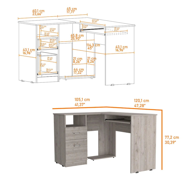 Bureau d'angle en L avec tiroirs, tablette clavier et rangement unité centrale – Marron/Noir/Gris, 1 personne