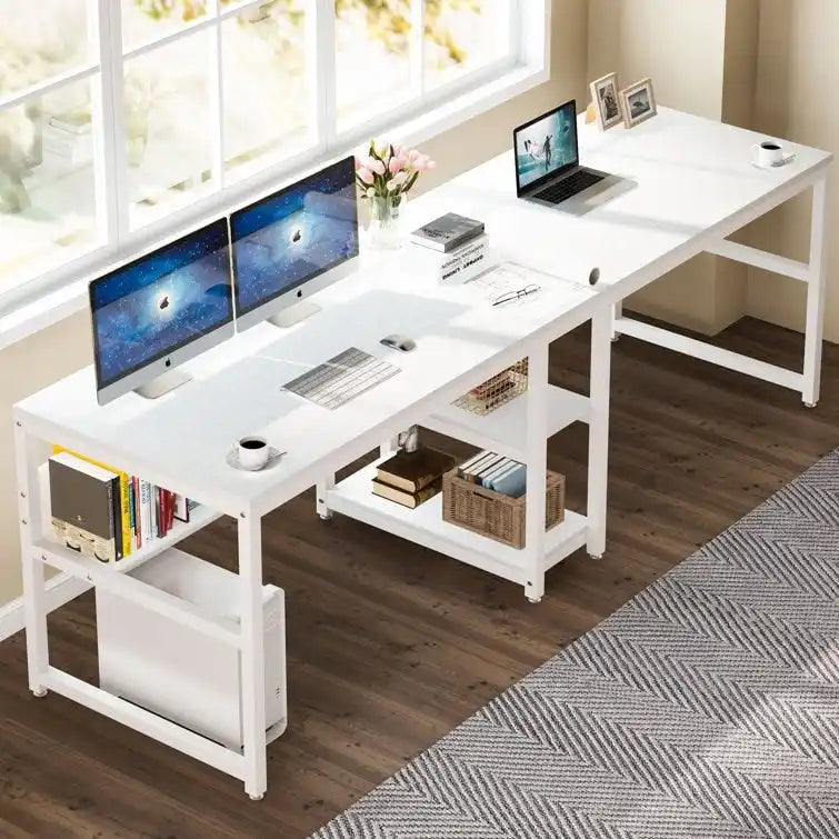 78,7" Bureau deux personnes avec étagère | Style industriel | Marron / Blanc / Noir / Gris / Gris clair