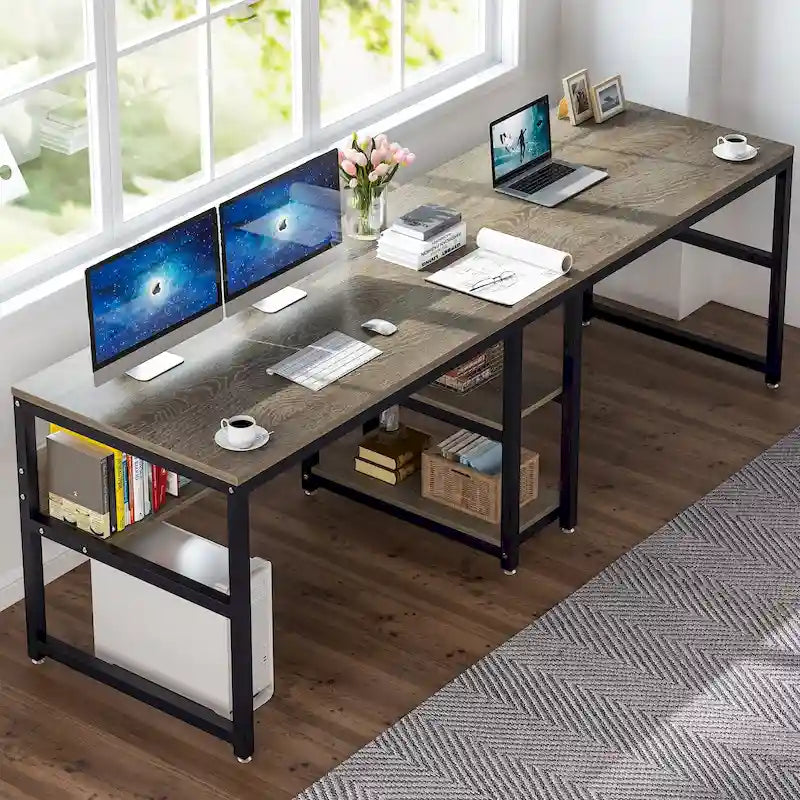 78,7" Bureau deux personnes avec étagère | Style industriel | Marron / Blanc / Noir / Gris / Gris clair