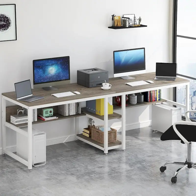 78,7" Bureau deux personnes avec étagère | Style industriel | Marron / Blanc / Noir / Gris / Gris clair