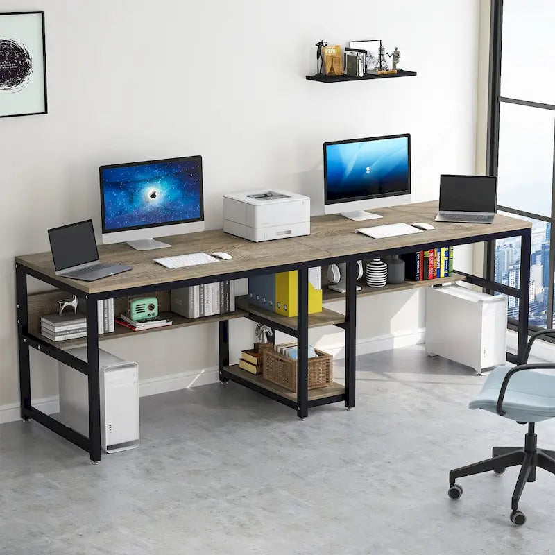 78,7" Bureau deux personnes avec étagère | Style industriel | Marron / Blanc / Noir / Gris / Gris clair