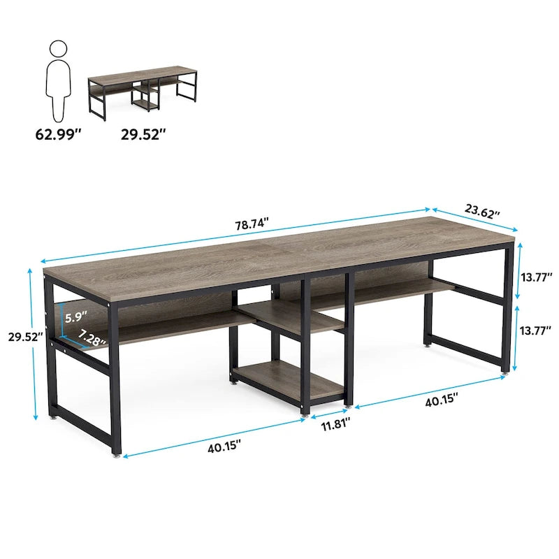 78,7" Bureau deux personnes avec étagère | Style industriel | Marron / Blanc / Noir / Gris / Gris clair