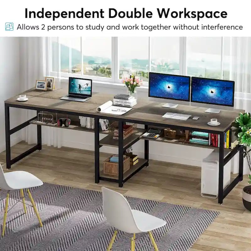 78,7" Bureau deux personnes avec étagère | Style industriel | Marron / Blanc / Noir / Gris / Gris clair