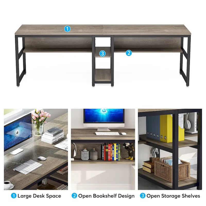 78,7" Bureau deux personnes avec étagère | Style industriel | Marron / Blanc / Noir / Gris / Gris clair