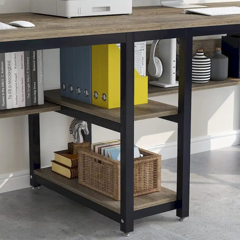 78,7" Bureau deux personnes avec étagère | Style industriel | Marron / Blanc / Noir / Gris / Gris clair