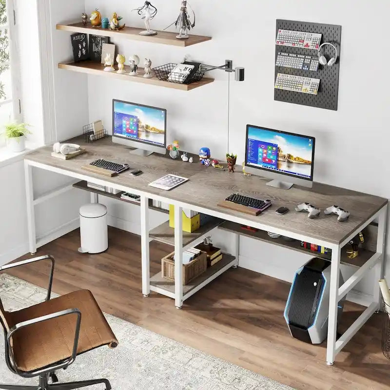 78,7" Bureau deux personnes avec étagère | Style industriel | Marron / Blanc / Noir / Gris / Gris clair