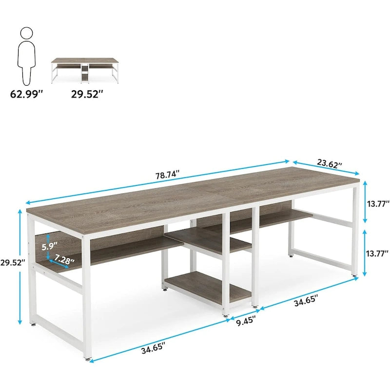 78,7" Bureau deux personnes avec étagère | Style industriel | Marron / Blanc / Noir / Gris / Gris clair