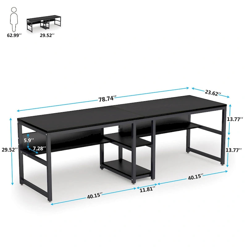 78,7" Bureau deux personnes avec étagère | Style industriel | Marron / Blanc / Noir / Gris / Gris clair