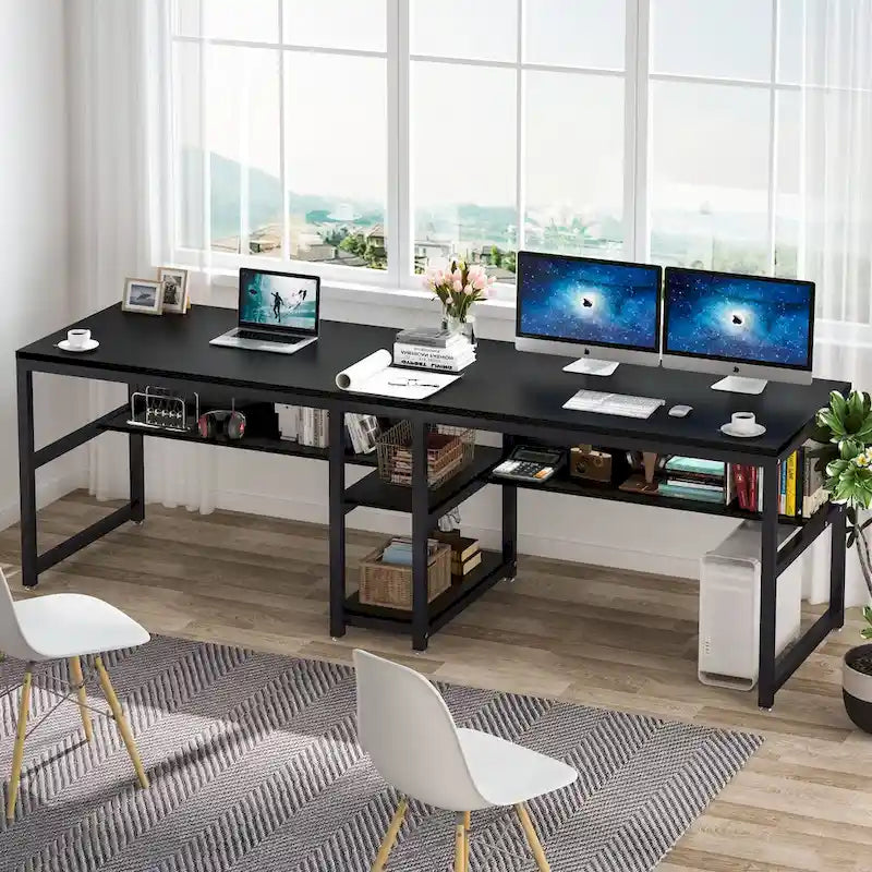 78,7" Bureau deux personnes avec étagère | Style industriel | Marron / Blanc / Noir / Gris / Gris clair