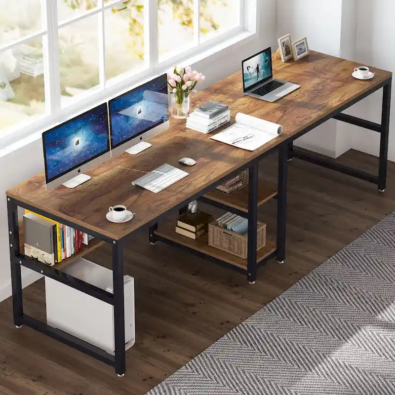 78,7" Bureau deux personnes avec étagère | Style industriel | Marron / Blanc / Noir / Gris / Gris clair
