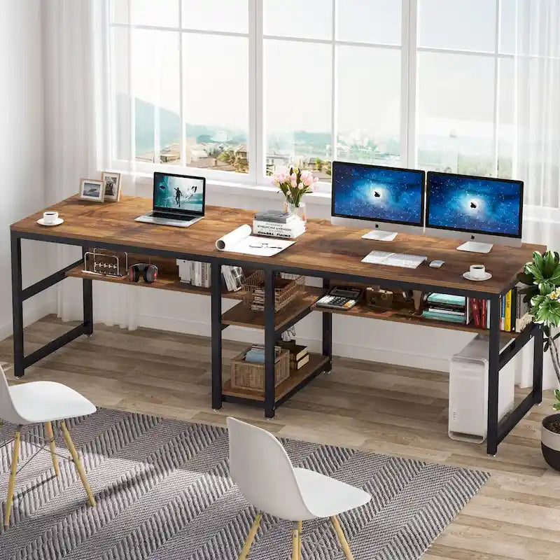 78,7" Bureau deux personnes avec étagère | Style industriel | Marron / Blanc / Noir / Gris / Gris clair