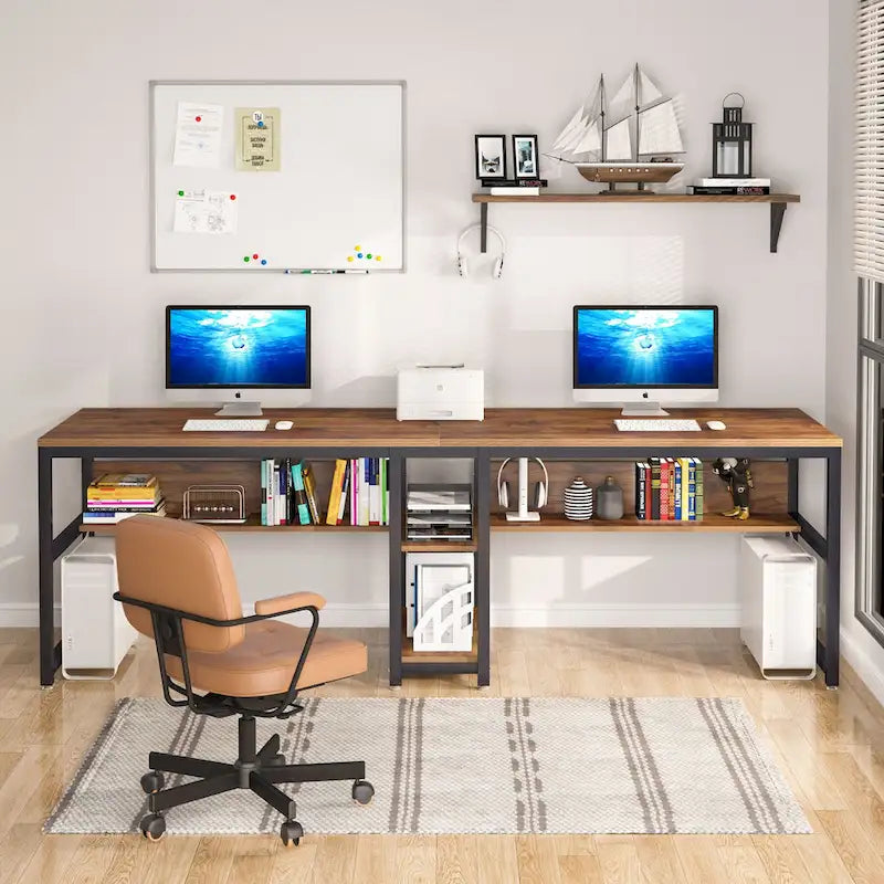 78,7" Bureau deux personnes avec étagère | Style industriel | Marron / Blanc / Noir / Gris / Gris clair