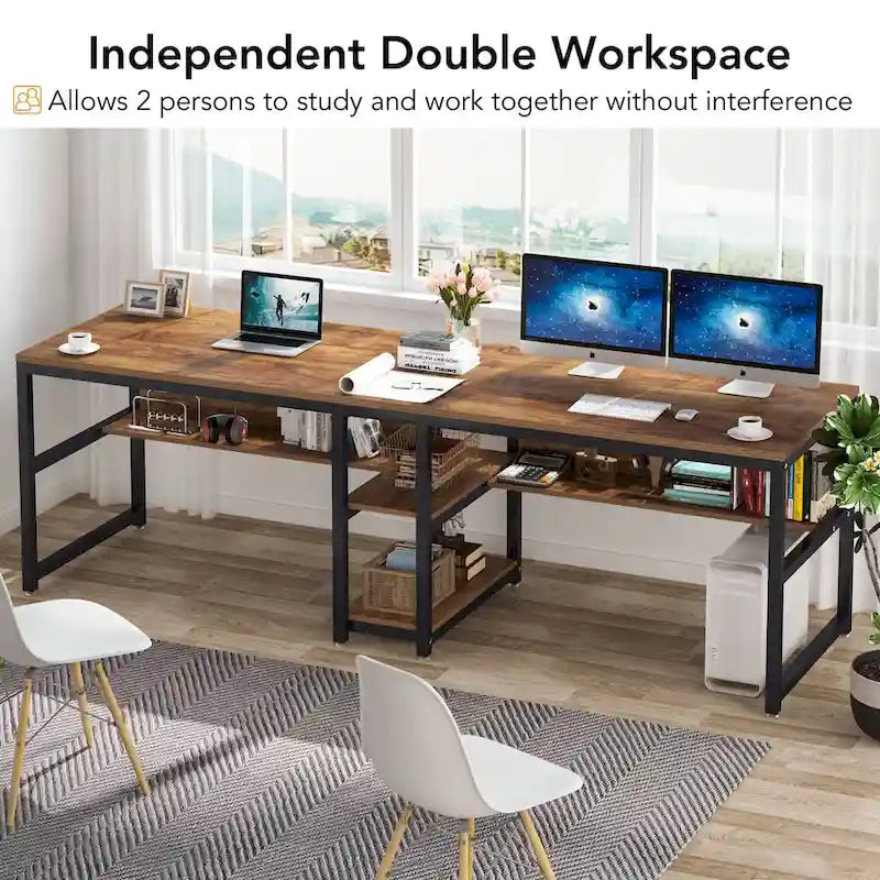 78,7" Bureau deux personnes avec étagère | Style industriel | Marron / Blanc / Noir / Gris / Gris clair