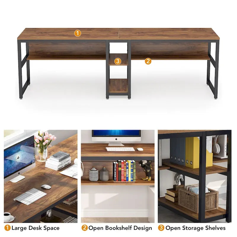 78,7" Bureau deux personnes avec étagère | Style industriel | Marron / Blanc / Noir / Gris / Gris clair