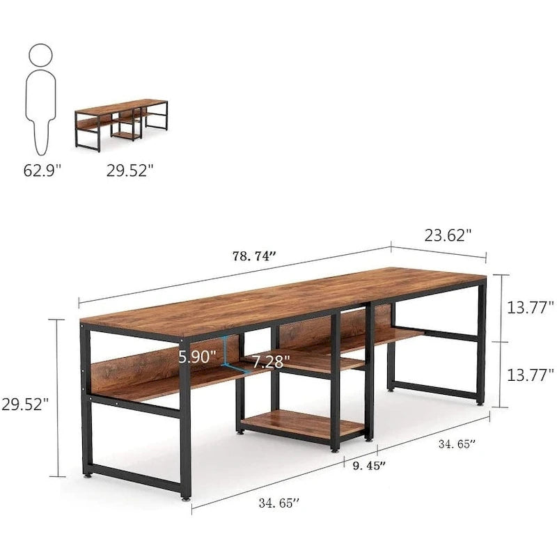 78,7" Bureau deux personnes avec étagère | Style industriel | Marron / Blanc / Noir / Gris / Gris clair