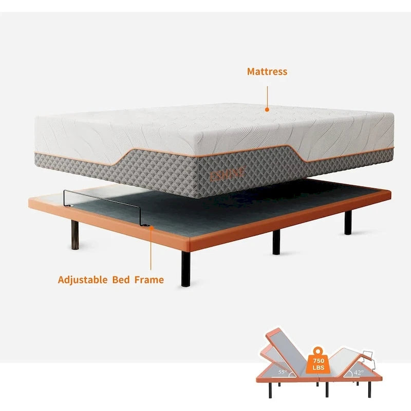 Cadre de lit réglable ESHINE - Matelas hybride à mémoire de forme 2000 Series de 14 pouces