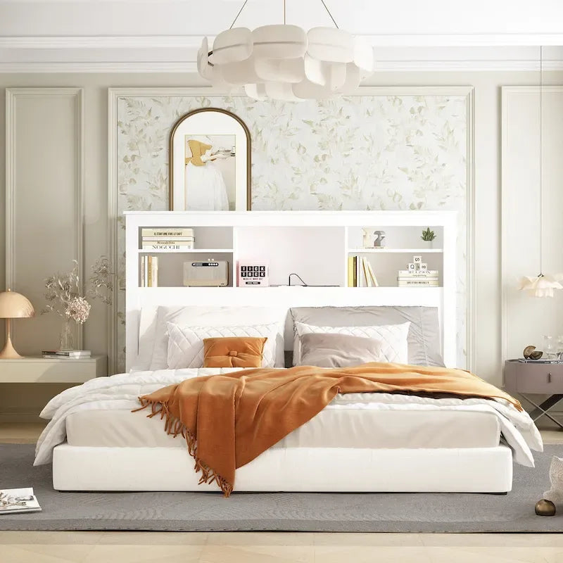 65Tête de lit Queen Size avec bibliothèque Timechee, étagère réglable et lumière RVB