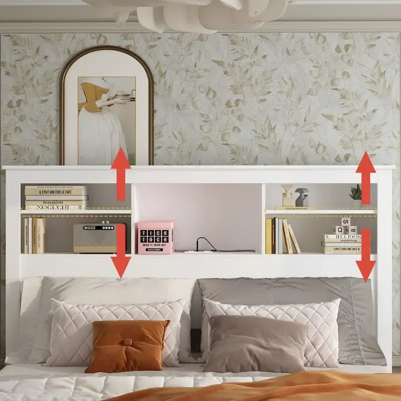 65Tête de lit Queen Size avec bibliothèque Timechee, étagère réglable et lumière RVB