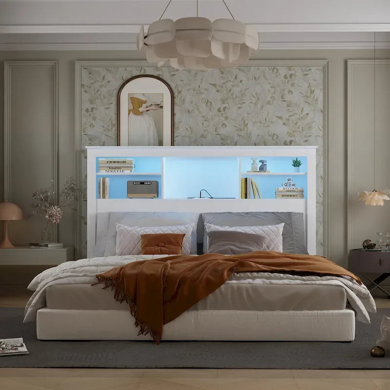 65Tête de lit Queen Size avec bibliothèque Timechee, étagère réglable et lumière RVB