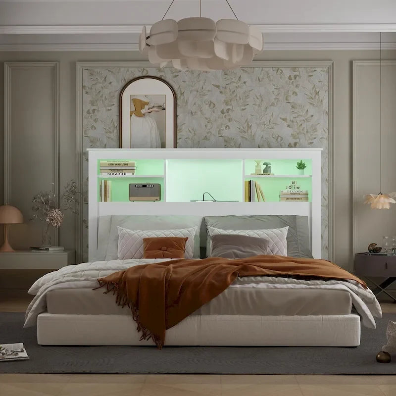 65Tête de lit Queen Size avec bibliothèque Timechee, étagère réglable et lumière RVB