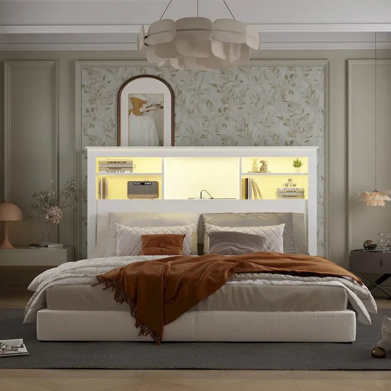 65Tête de lit Queen Size avec bibliothèque Timechee, étagère réglable et lumière RVB